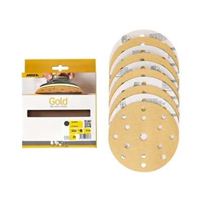 Obrázek Mirka Univerzální brusný papír Gold Ø 150 mm Brusné kotouče Suchý zip 15 otvorů, zrnitost P120, 10 ks / K broušení sádry, špachtle, dřevotřísky, dřeva, laku