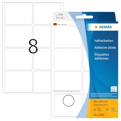 Obrázek HERMA 2560 víceúčelových etiket, 256 kusů, 39 x 50 mm, 8 na arch, samolepicí, etikety pro domácnost k popisování, matné, prázdné papírové lepicí samolepky, bílé