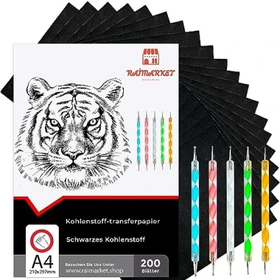 Obrázek Raimarket 200 Blätter Schwarzes Kohlepapier, Transferpapier Zeichnen von Entwürfen mit pauspapier Premium Qualität Graphitpapier