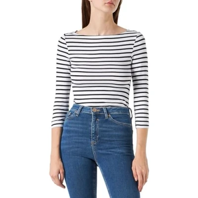 Obrázek Amazon Essentials Damen Einfarbiges T Shirt mit U Boot Ausschnitt und 3/4 Ärmeln in schmaler Passform, Weiß Streifen, M