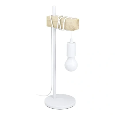 Obrázek EGLO stolní lampa Townshend, 1 plamenná vintage v průmyslovém designu, retro lampa, na noční stolek z oceli a dřeva, barva: bílá, hnědá, objímka: E27, vč. vypínače