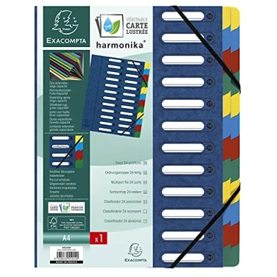 Obrázek Exacompta 55242E Premium pořadač Harmonika. Z extra silného kartonu Colorspan, DIN A4, 24 přihrádek a 2 gumičky s indexovým okénkem pružnou zadní stranou, desky rejstříkem, modrá