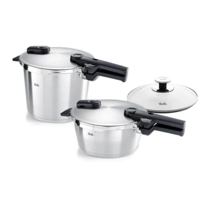 Obrázek Fissler Vitaquick Premium / sada tlakového hrnce, 2dílná (2 tlakové hrnce s kovovým víkem 3,5 l + 6 litrů, 1 přídavná skleněná poklice) indukční
