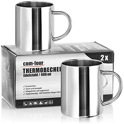 Obrázek com four® 2x termohrnek z ušlechtilé oceli 400 ml každý hrnek izolační dvoustěnný na kávu odolný proti rozbití termopohárek pití kempinkový bez BPA (400 ml)