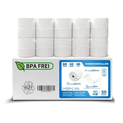 Obrázek 50 ks termorole bez BPA 80 mm x 63 12 m termopapír bonrole (80 12) certifikované pro tiskárny pokladní jako Epson, IBM, Metapace atd.