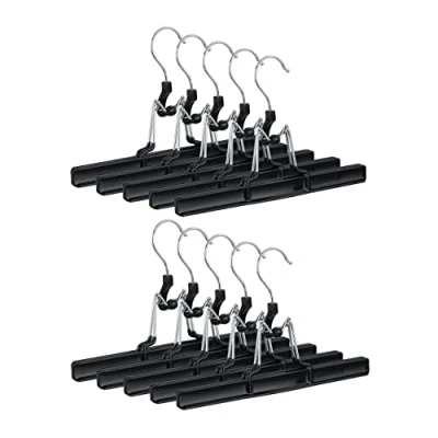 Obrázek Relaxdays, Černé ramínko na kalhoty kov sada 10 ks háčků otočný o 360, pevně uzavíratelné, sukně s pogumovanými svorkami, 26 cm, PVC, balení