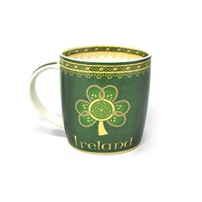 Obrázek Irland Tasse mit Kleeblatt, Spirale und grün gelbem, keltischem Muster