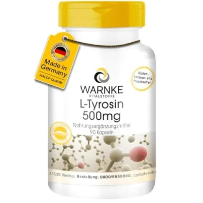 Obrázek Kapsle Tyrosin L 500 mg tyrosinu v jedné kapsli 90 kapslí vysoké dávky a veganské varování vitální látky německá lékárenská kvalita