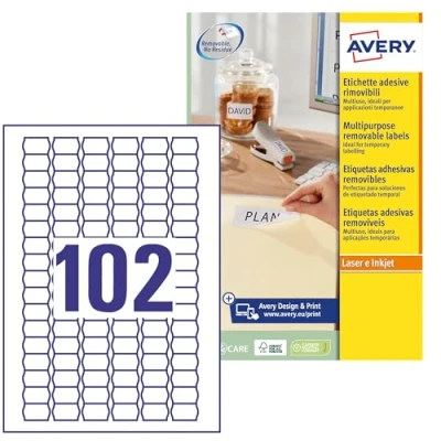 Obrázek AVERY Zweckform L3410REV 25 cenové etikety (2 550 cenová samolepka, 26 x 16 mm na A4, potištěné, samolepicí, znovu beze zbytku odstranitelné, pro dočasné vyznačení/nabídky) listů, bílá