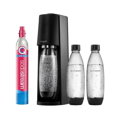 Obrázek Výrobník sody SodaStream Terra Promopak s CO2 bombičkou a 3x 1l plastovou lahví vhodnou do myčky, výška 44 cm, černý
