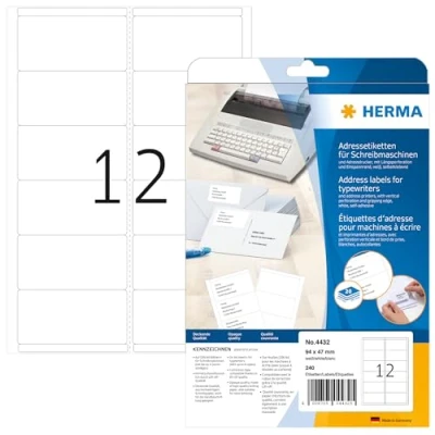 Obrázek HERMA 4432 Adresní etikety pro psací stroje, 20 listů, 94 x 47 mm, 12 na arch A4, 240 kusů, samolepicí, potisknutelné, matné, prázdné papírové samolepicí štítky adresu etikety, bílé