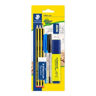 Obrázek STAEDTLER Office Set, 3 tužky, 2 kuličková pera, 1 popisovač, guma, ořezávátko, kancelářská sada na blistrové kartě, 60 BK 4