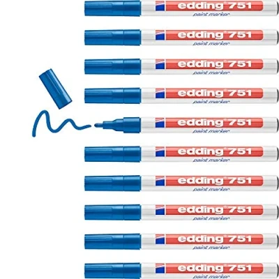 Obrázek edding 751 Lackmarker blau 10 Stifte Rundspitze 1 2 mm Lackstift zur Markierung und Beschriftung von Metall, Glas, Stein oder Kunststoff hitzebeständig, permanent, wischfest