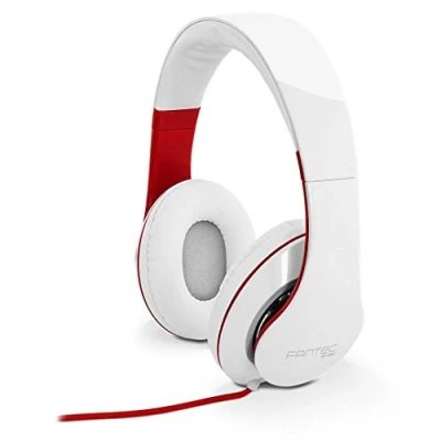 Obrázek FANTEC SHP 250AJ Stereo HiFi sluchátka (s třmenem, on Ear, 3,5 mm jack konektor, silné basy, velké a měkké náušníky) bílá/červená, 175 x 75 195 (Š H V)