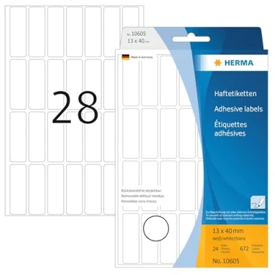 Obrázek HERMA 10605 víceúčelové etikety odstranitelné, 672 kusů, 13 x 40 mm, 28 na arch, samolepicí, štítky pro domácnost k popisování, matné, prázdné papírové lepicí etikety, bílé