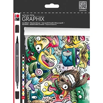 Obrázek Marabu 0145000000100 Aqua Pen Graphix, Mega Mash, 12 akvarelových fixy v sadě s brilantní barvou, tuš na vodní bázi, dvojitá špička, akvarelový papír