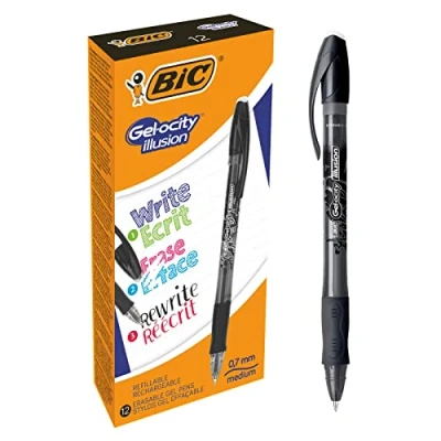 Obrázek BIC Gel ocity Illusion kuličkové pero mazací tyčinky, sada gelových tužek v černé barvě, doplňovací, komfortní gelová rukojeť, balení 12 ks
