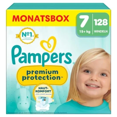 Obrázek Pampers Dětské plenky velikost 7 (15+kg) Premium Protection, extra velké, měsíční box, nejlepší komfort a ochrana pro citlivou pokožku, 128 kusů