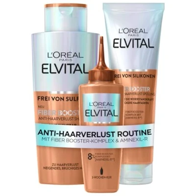 Obrázek L&#039;Oréal Paris Fiber Booster proti vypadávání vlasů, rutina, dlouhé vlasy, šampon, kondicionér a sérum pro plnější méně lámání elvital, šampon +