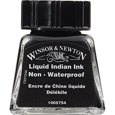 Obrázek Winsor &amp; Newton 1005754 Drawing Inkoustová kreslicí tuš pro kaligrafie, ilustrátory, grafiky, umělky voděodolné barvy, vynikající průhlednost, láhev 14 ml tekutá indická tuška