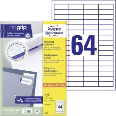 Obrázek AVERY Zweckform 3667 univerzální etikety (6 400 lepicích etiket, 48,5 x 16,9 mm na A4, papír matný, individuálně potisknutelný, samolepicí nálepka s ultragrip) 100 listů, bílá