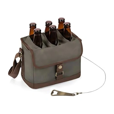 Obrázek PICNIC TIME Legacy a Brand Bier Kühltasche Caddy, Beer Cooler Tote mit Öffner, 6er Pack Kühler, Geschenke für Bierliebhaber, Khaki Grün braunen Akzenten, Baumwolle, 1 Count (Pack of 1)