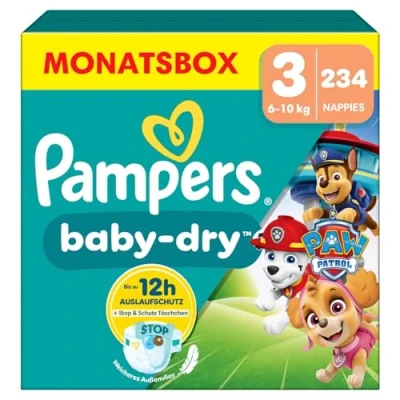 Obrázek Pampers Tlapková patrola (Baby Dry), plenky velikost 3 (6 kg 10 kg), limitovaná edice, 234 plenek, až 12 h ochrana proti vytečení kolem dokola