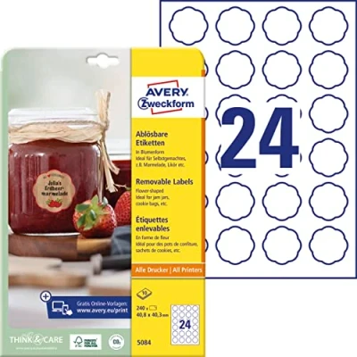 Obrázek AVERY Zweckform Štítky na marmeládu č. 5084 (240 nálepek odstranitelné, 40,8 x 40,3 mm A4, tvar květin, pro zavařovací sklenice, pečivo, dárky, vlastnoručně vyrobené z kuchyně) 10 listů bílé