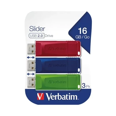 Obrázek Verbatim Slider USB Stick Multipack 16 GB, 2.0, 3 x paměťový disk, pro notebook, notebook ultrabook TV autorádio, 2.0 Stick, datový disk s posuvným mechanismem, červená, modrá, zelená