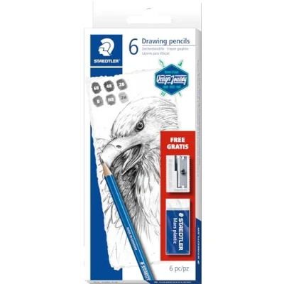 Obrázek STAEDTLER 61 100 C6 kreslicí tužka Mars lumograf (šestihranný tvar, neuvěřitelně nerozbitné prémiové tužky, Made in Germany) sada s 6 kreslícími tužkami, 1 gumou a kovovým ořezávátkem