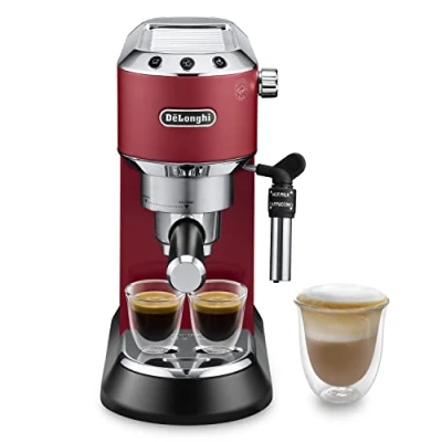 Obrázek De&#039;Longhi Dedica Style EC 685.R pákový espresovač, kávovar na espresso s profesionálním napěňovačem mléka, šířka pouze 15 cm, pro mletou kávu nebo ESE kapsle, nádržka vodu 1 l, červený