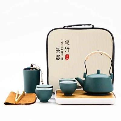 Obrázek fanquare Japonská přenosná cestovní čajová sada s taškou, zelený čínský čajový set z keramiky, servis Kung Fu čajovou konvicí, čajovými šálky, bambusovým čajem podnosem