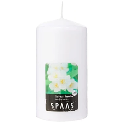 Obrázek Spaas Duft Stumpenkerze 80/150 mm, ± 65 Stunden Spiritual Jasmin, Paraffinwachs, Weiß, D 80 mm x H