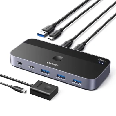 Obrázek UGREEN USB C Switch 2PC 3. 0 s 1xUSB portem A 3xUSB porty, 2 In 4 Out přepínač hliníkový kryt 2USB na A/C kabely pro klávesnici, myš, tiskárnu, flash disk