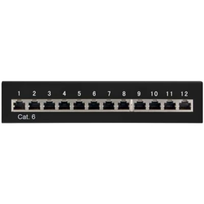 Obrázek Goobay 69307 CAT 6 Patch Panel 12 Port / RJ45 zásuvky síťová zástrčka 250 MHz LAN Patchfeld 1 HE rozdělovací pole Mini Desktop Patchpanel na stěnu černý