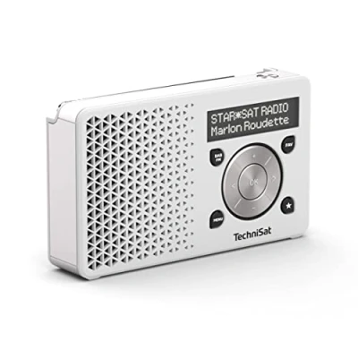 Obrázek TechniSat DigitRadio 1 Digitální rádio, vyrobené v Německu (malé, přenosné, pro venkovní použití) s reproduktorem, OLED displej, DAB+, UKV, paměť oblíbených stanic, výkonný akumulátor bílá/stříbrná