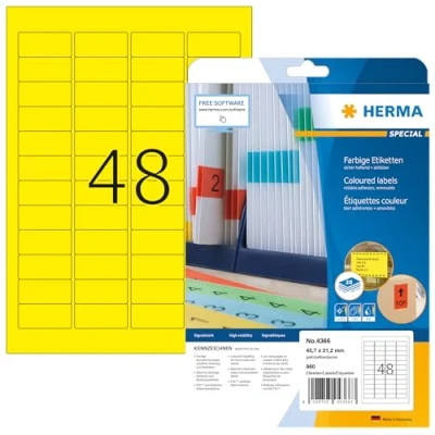 Obrázek HERMA 4366 barevné štítky žluté odstranitelné, 20 listů, 45,7 x 21,2 mm, 48 na arch A4, 960 kusů, samolepicí, potištěné, matné, prázdné papírové