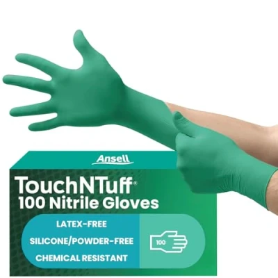 Obrázek Ansell TouchNTuff 92 605 jednorázové rukavice S drážkami, bez pudru a latexu rukavice, vynikající ochrana při práci mechaniky chemikálií, potravin, zelená, velikost (100 rukavice)