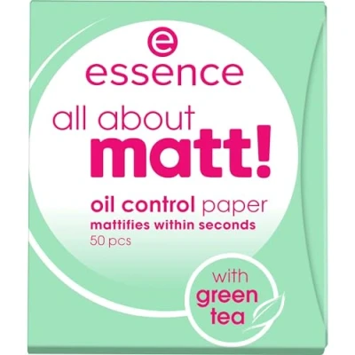 Obrázek essence all about matný! oil control paper, matující papír, práškový transparentní, pohlcující lesk, matný, bez nanočástic, parfému, oleje (50 kusů)