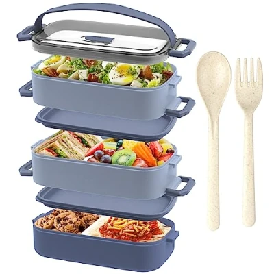 Obrázek OITUGG Brotdose 3 Etagen Lunchbox für Erwachsene 2200ml Bento Box, mit Besteck und stk Fächern Einstellbar, BPA Frei, Mikrowellengeeignet, Blau, 19.5 x 11.2 15cm, ohne Edelstahl Inner