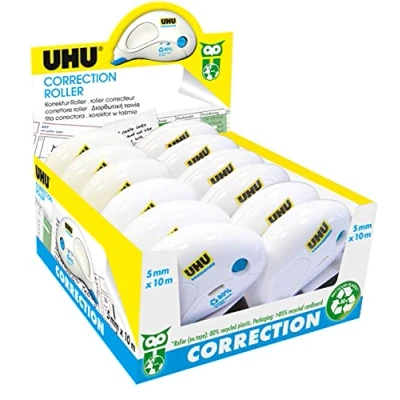 Obrázek UHU Correction Roller Compact, Korrekturroller zum schnellen, sauberen und zeilengenauen Korrigieren von Texten, weiß deckend, 12 Stück à 10 m x 5 mm