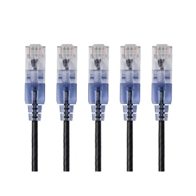Obrázek Monoprice Cat6A ethernetový patch kabel, ochrana proti zlomení, RJ45, 550 MHz, 10 G, UTP, čistě holý měděný drát, 30 AWG, 5 ks, 4,6 m, černý série SlimRun