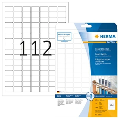 Obrázek HERMA 10916 Power etikety, 25 listů, 25,4 x 16,9 mm, 112 na arch A4, 2800 kusů, samolepicí, potisknutelné, extrémně silně přilnavé, prázdné papírové lepicí bílá