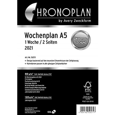 Obrázek Chronoplan 50231 kalendářová vložka 2021, týdenní plán A5 ve sloupcích (148 x 210 mm), náhradní kalendář, ideální pro detailní plánování, vícenásobné děrování (1 týden na 2 stranách), bílá