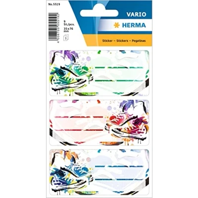 Obrázek HERMA 5519 etikety na knihy k popisování, Chucks (76 x 35 mm, 9 samolepek se jménem, papír, matný) samolepicí, permanentně přilnavé školní knihy, sešity, krabice, domácnost, barevné