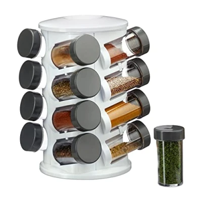 Obrázek Relaxdays Stojan na koření, otočný, 16 dóz uchovávání nearomatických látek, organizér koření a bylinky, plast, bílý, 26,5 x 17 cm