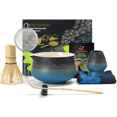 Obrázek TEANAGOO Japanischer Matcha Schneebesen (7 Stück) Set Mtacha Kit Schüssel mit Ausgießer Bambus (chasen) Schaufel Schneebesenhalter.N33, Farbverlauf Marineblau