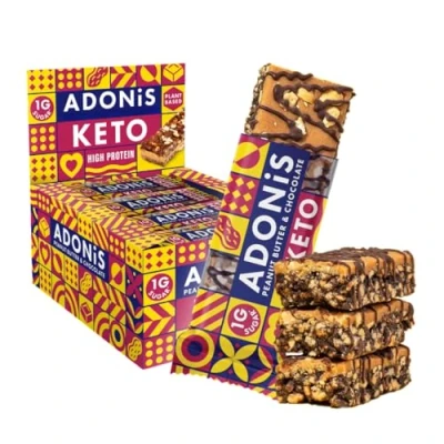 Obrázek Adonis keto Peanut máslo &amp; Chocolate High Protein tyčinka (16 x 45 g tyčinka) veganské a šetrné k 100% přírodní bez lepku, cukru, palmového oleje, mléka nízkokalorické