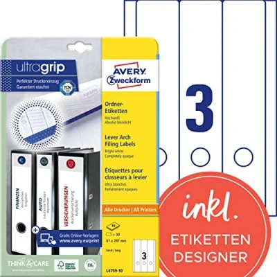 Obrázek AVERY Zweckform L4759 10 Etikety na hřbety pořadačů (30 štítků hřbetu pořadače s ultragripem, 61 x 297 mm A4, široké/dlouhé, samolepicí, absolutně neprůhledné, potiskovatelné štítky pořadače)