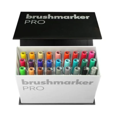 Obrázek KARIN Mini Box Brushmarker Pro 26 kusů + 1 Blender průhledné tělo se systémem Ink Free System, 2, 4 ml tekuté barvy. Žádný popisovač